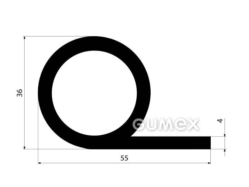 "P" Gummiprofil mit Loch, 55x36/4mm, Länge 2100mm, 60°ShA, NBR, -40°C/+70°C, schwarz, 